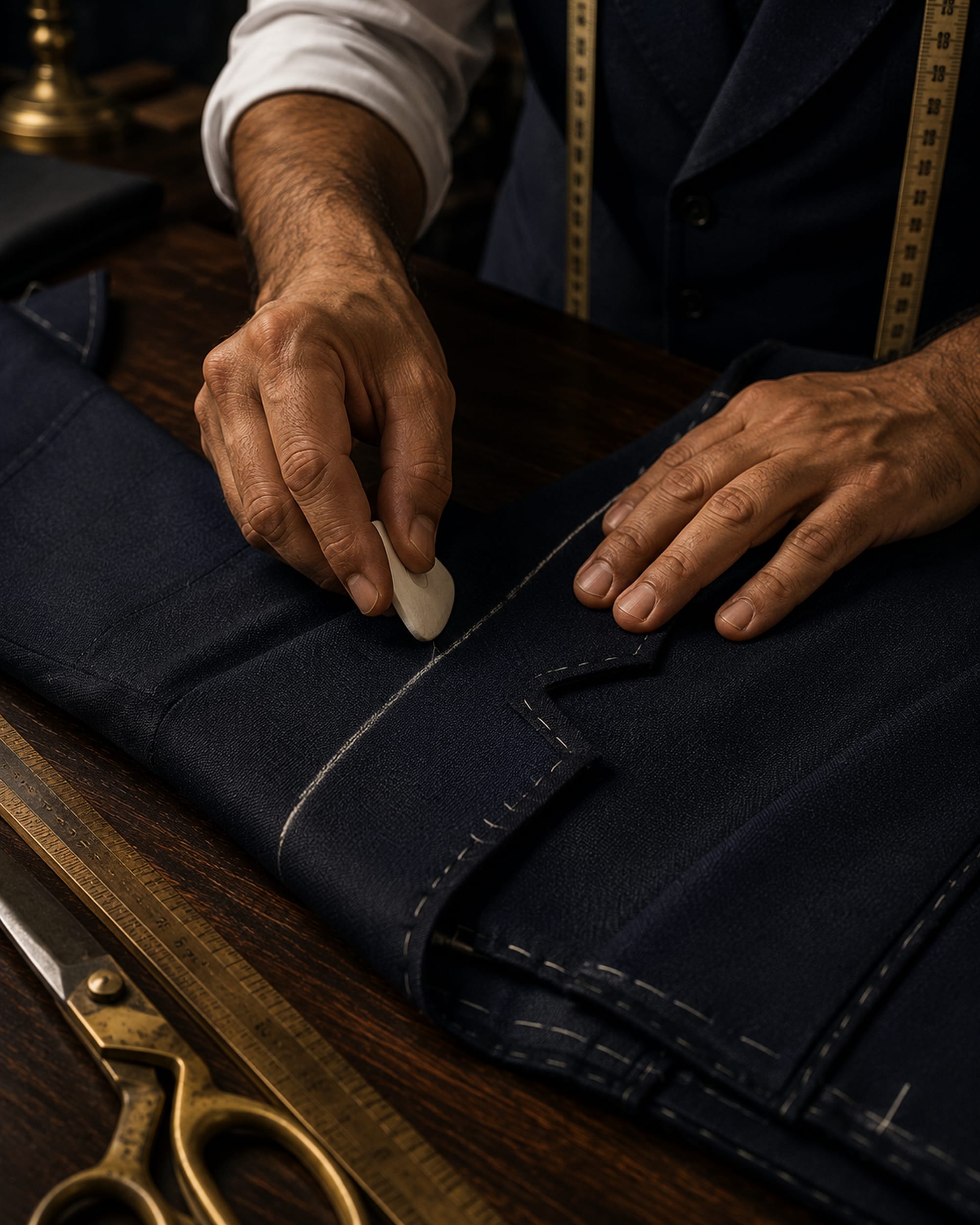 The owner's hands chalking a lapel