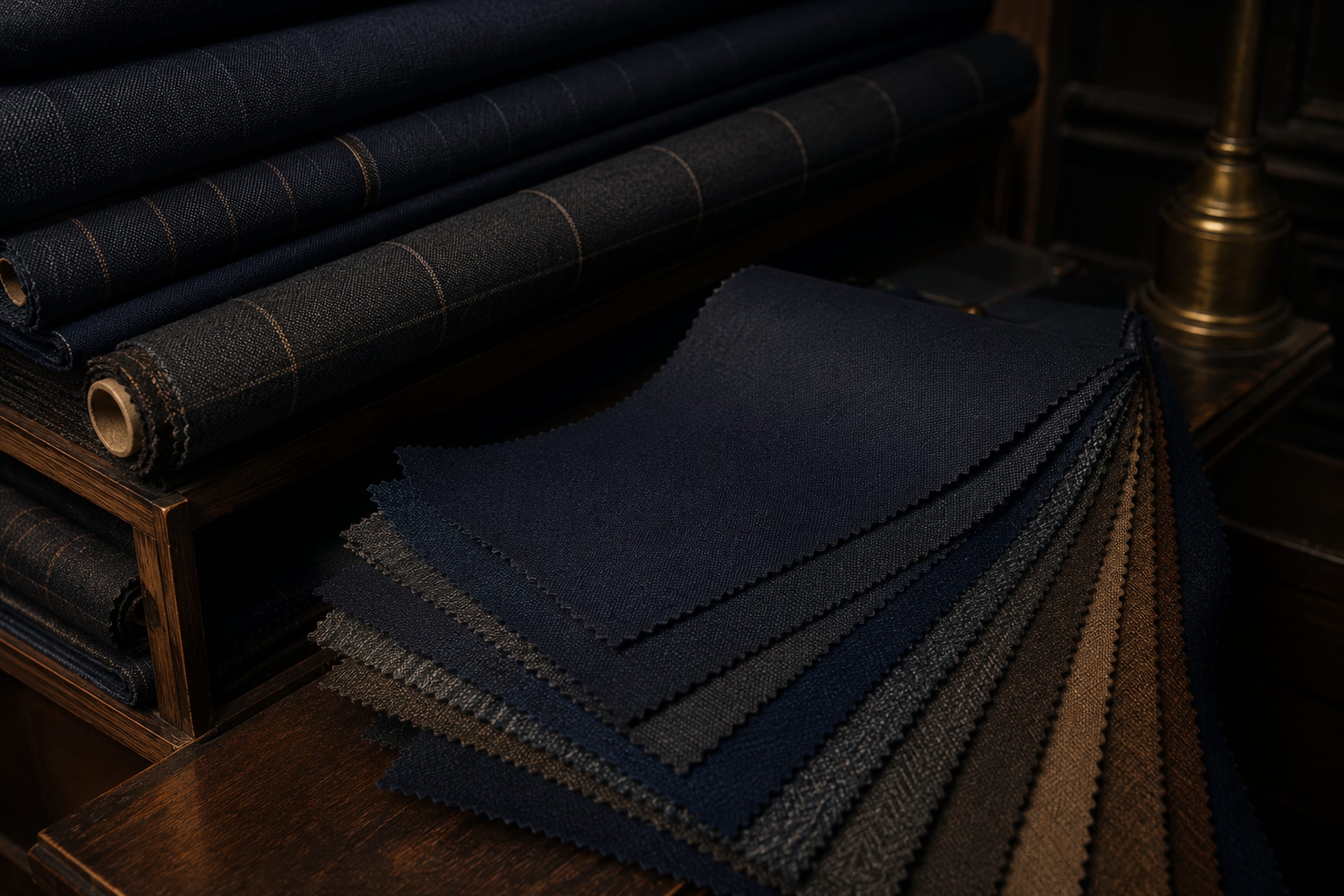 Stacked cloth bolts in warm earth tones