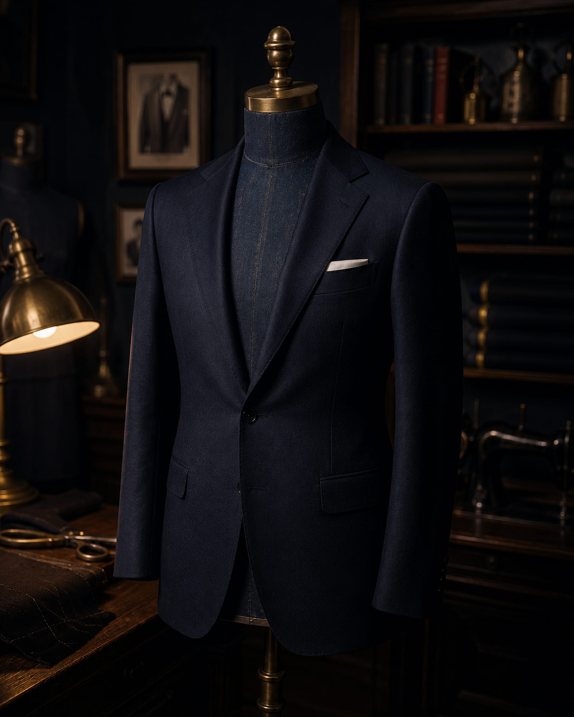A finished suit on a dress form