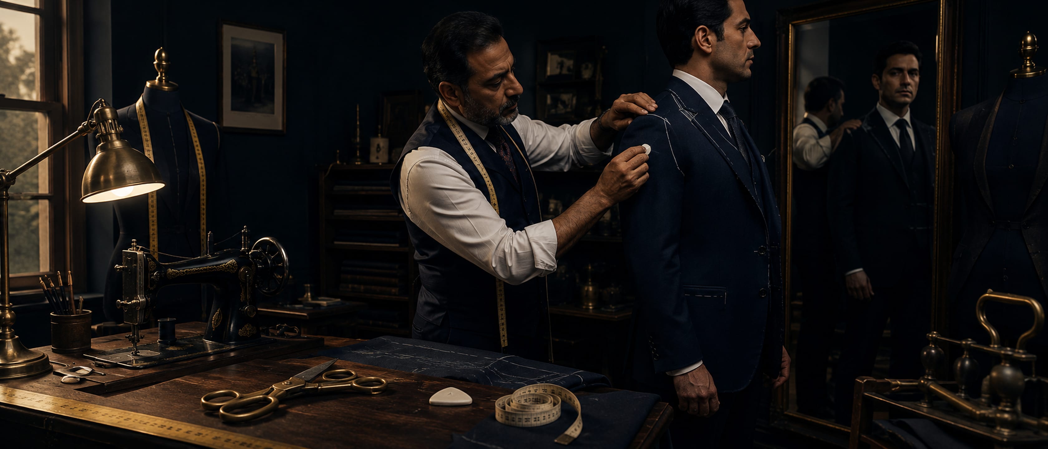 A tailor marking the shoulder of a jacket on a client