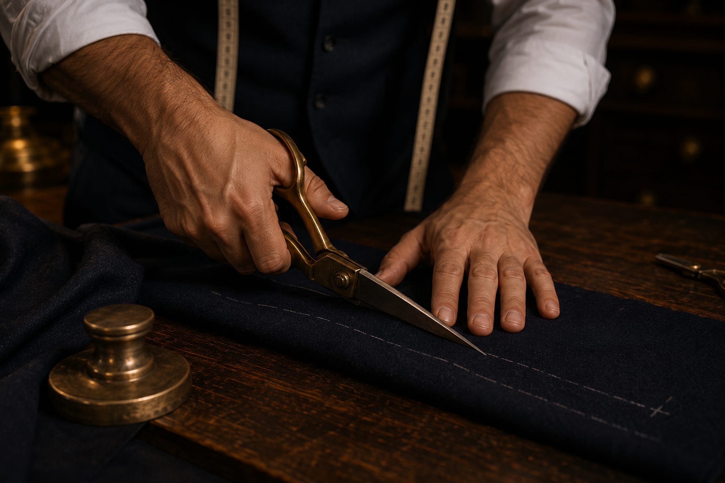 A tailor's hands cutting cloth with shears