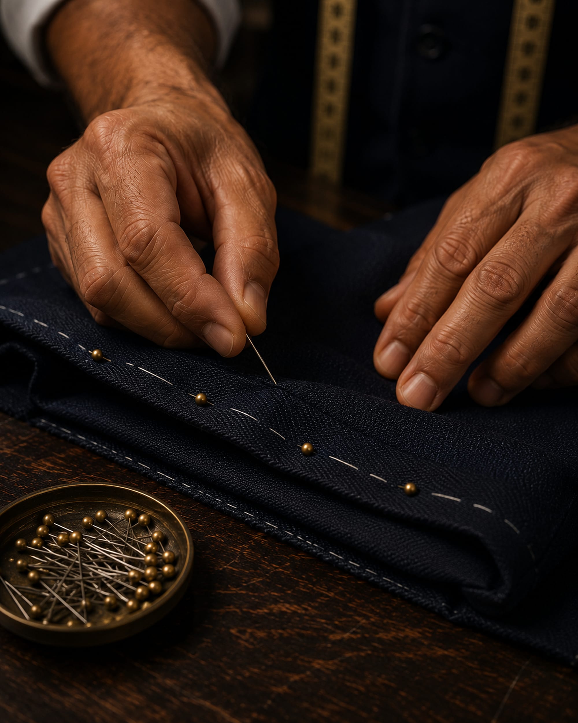 Hands pinning a hem