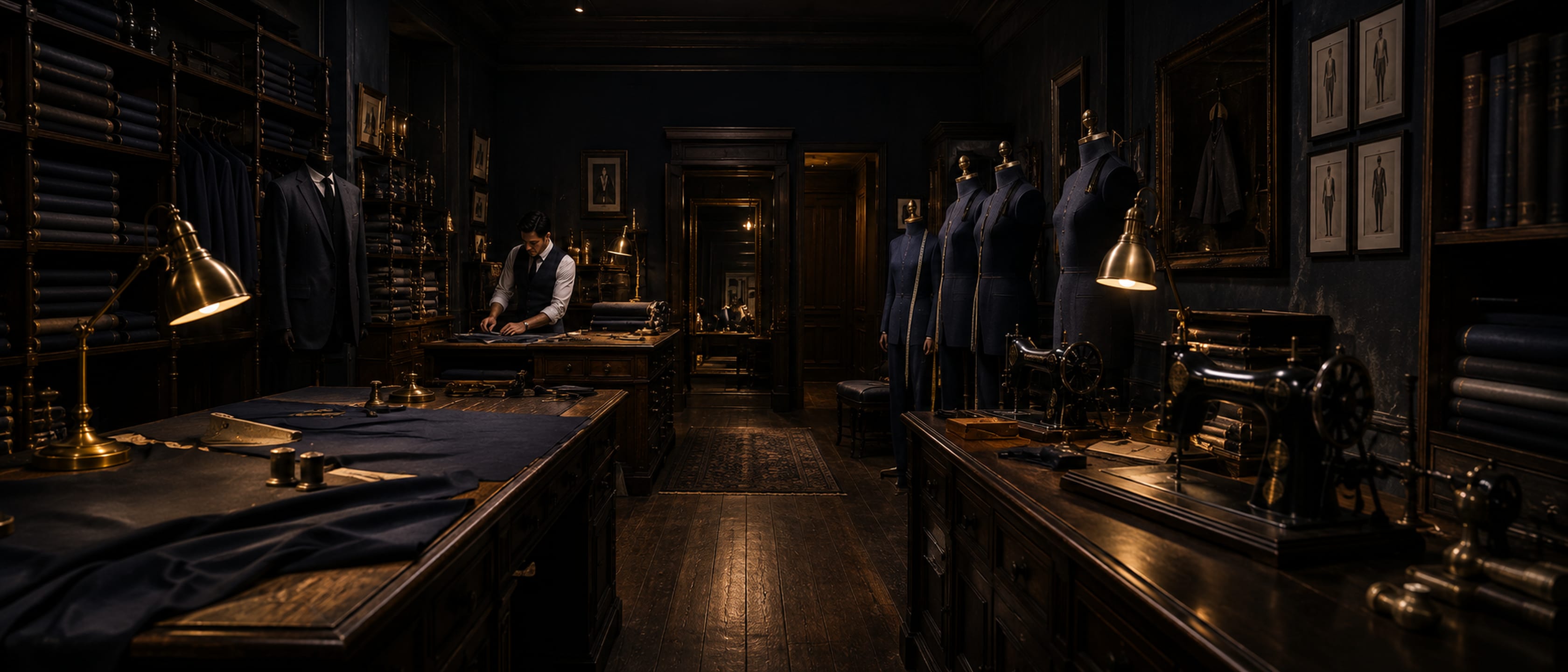 The tailoring workroom: machines, dress forms, cloth bolts, and warm task light