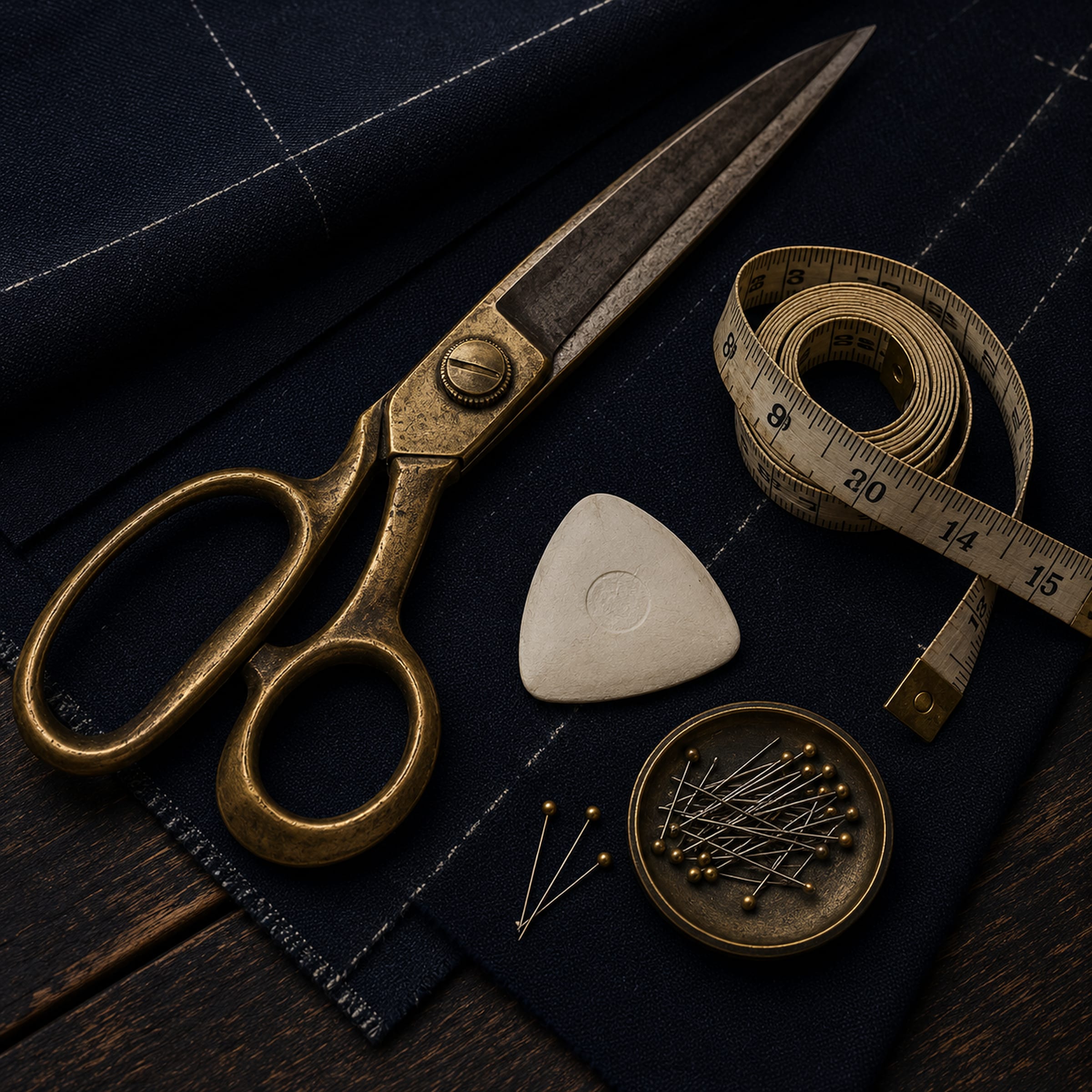 Brass shears, chalk, tape, and pins on dark cloth